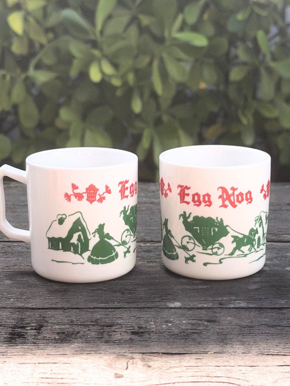 MIRACLE Set of 2 Retro Eggnog Holiday Mugs Ceramic 6oz Winter Scene Christmas